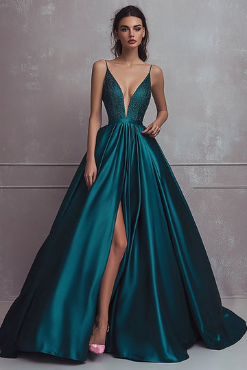 Vert foncé scintillant A-ligne spaghetti bretelles satin perles longue robe de bal avec fente